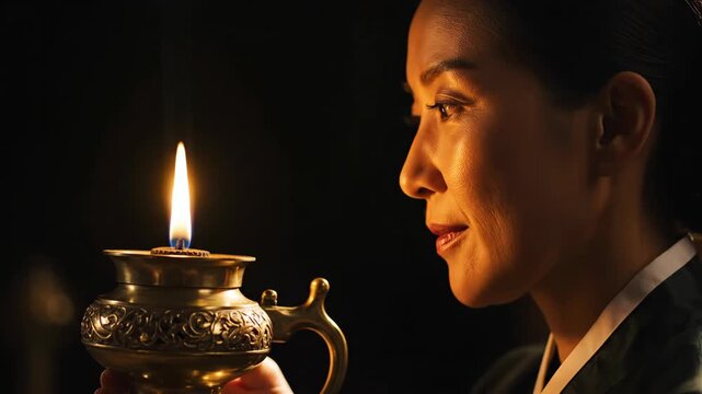 Woman looking at lit brass oil lamp flame.