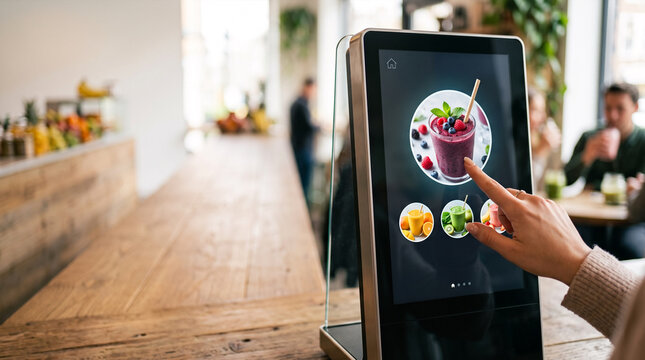 Woman ordering smoothie from touchscreen kiosk in modern cafe