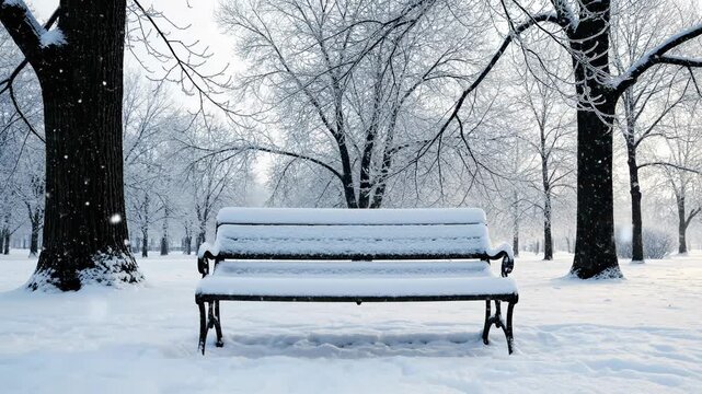 A solitary wooden bench rests peacefully beneath a thick layer of fresh snow in the heart of a silent forest park during a freezing winter day as light snowflakes fall gently through the cold