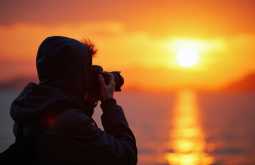 Naklejka premium Person with camera films beautiful sunset over water. Silhouette figure holds professional camera, capturing golden hour light on ocean. Photographer seeks perfect shot by sea.
