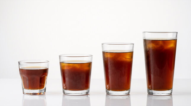 Four glasses of iced coffee of varying sizes on a white background