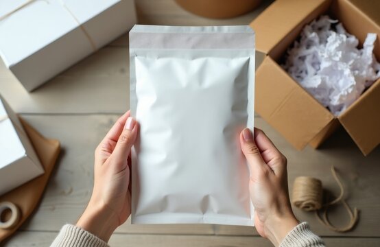 Hands hold white padded mailing envelope near open cardboard box with paper filler. Postal shipping supplies ready for package sending. Mailer prep for delivery service.