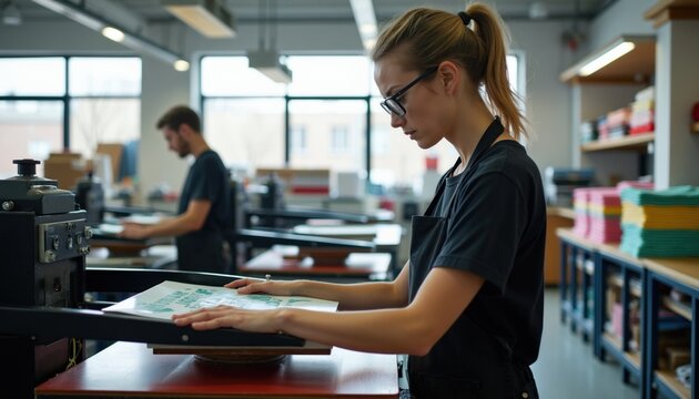 Woman uses heat press machine for printing designs on fabric at workshop. Another worker operates similar equipment in background. Bright industrial interior with stacks of colorful apparel.