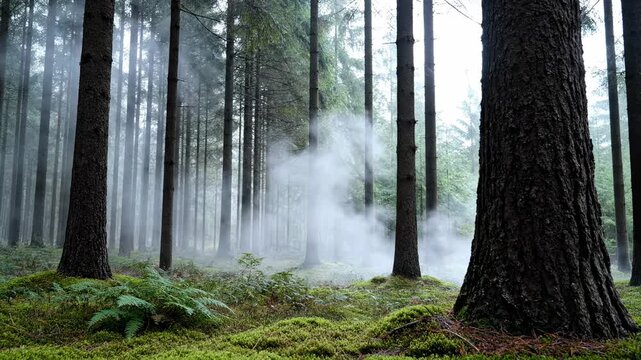 Dense clouds of misty vapor swirl through the trunks of towering pine giants hidden deep within an ancient evergreen thicket where sunlight struggles to pierce the heavy canopy of the wild