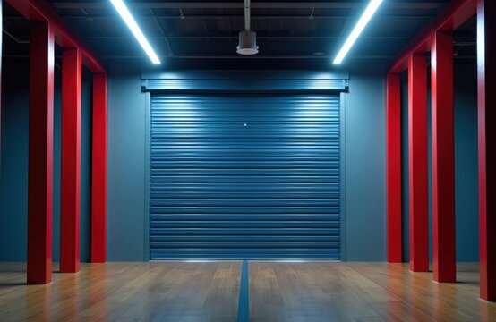 Closed blue metal roller door shutter inside modern industrial warehouse facility. Steel security gate protects storage entrance. Interior space features wood floor, red support columns with bright
