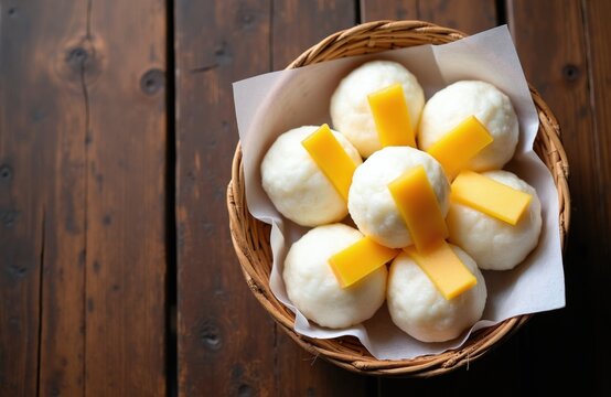Basket of white puto rice cakes topped with cheese strips. Traditional Filipino dessert ready to eat. Perfect for snacks parties celebrations. A taste of the Philippines.