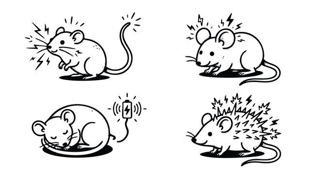 Hand drawn electric mouse icons with lightning and battery symbols
