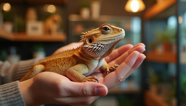 Person holds small bearded dragon reptile on open palms inside store. Orange lizard sits calmly on skin. Animal shows detailed texture scales head eyes sharp spikes back. Shop shelves background warm