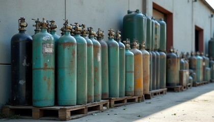 Naklejka premium Compressed gas cylinders arranged in metal crates on wooden pallets outside building. Industrial storage of oxygen tanks, fuel bottles, welding supplies. Hazardous material logistics, warehouse
