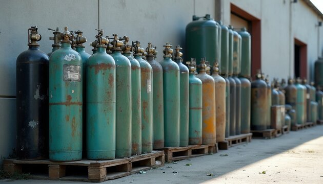 Compressed gas cylinders arranged in metal crates on wooden pallets outside building. Industrial storage of oxygen tanks, fuel bottles, welding supplies. Hazardous material logistics, warehouse
