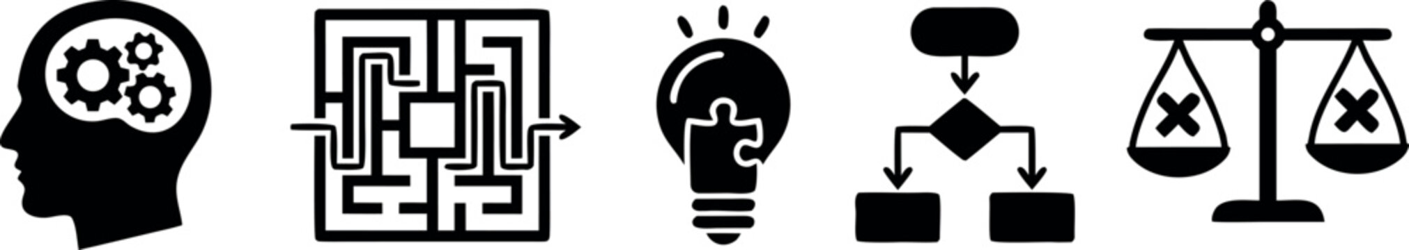 Logic and Decision Making Icon Set with Brain, Maze, Idea and Balance Symbols