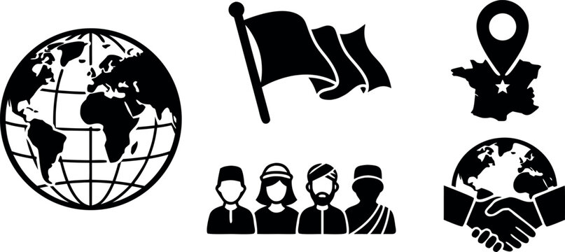 Global Nations and International Community Icon Set with Globe, Flags and Location Symbols