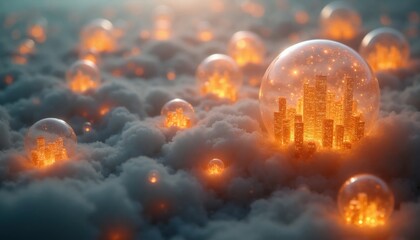 Obraz premium Glowing city buildings float inside glass spheres above dense clouds. Abstract digital art shows golden urban metropolises trapped in crystal bubbles among fog. Surreal futuristic concept design