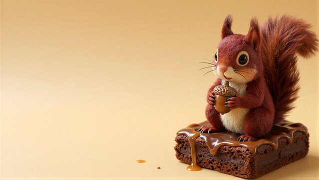 Cute red squirrel holds acorn atop chocolate brownie with caramel drizzle.