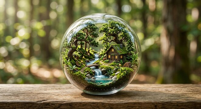 Breathtaking miniature cabin and forest river ecosystem enclosed in a glass terrarium sphere on a rustic wooden table, magical microcosm.
