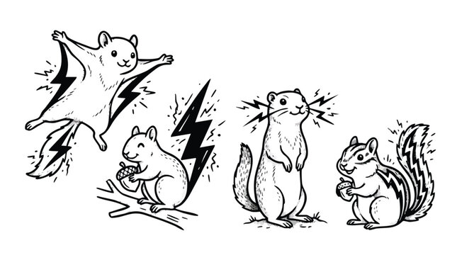 Hand Drawn Electric Squirrel and Chipmunk Vector Illustration Set