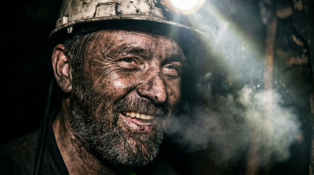 Miner wearing hard hat with headlamp smiling in dark coal mine. Portrait of rough bearded man with dirty face covered in soot. Industrial labor, energy resource extraction and mining