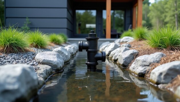 Black backflow valve stands inside residential drainage ditch near modern house building. Industrial metal device prevents water contamination, plumbing backup. Professional piping equipment secures