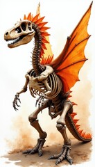 Obraz premium Dinosaur skeleton with orange wings, spikes stands on white background. Prehistoric dragon fossil features bone structure with colorful membrane wings. Ancient monster remains display artistic