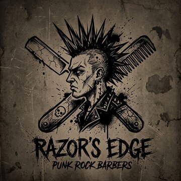 Punk Rock Barber Logo: Razor, Comb, Mohawk Man Profile, Skull