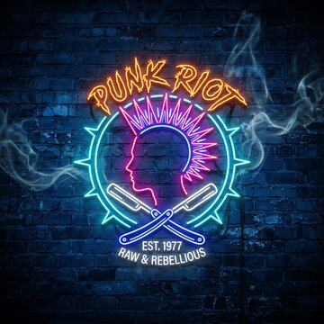 Punk Riot Neon Sign with Mohawk and Straight Razors - Raw & Rebellious