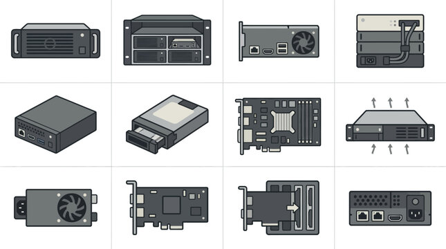 Computer hardware and server component isometric icons.