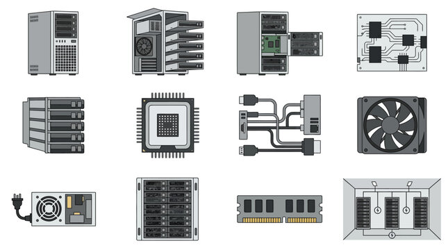 Computer hardware and server component icons.