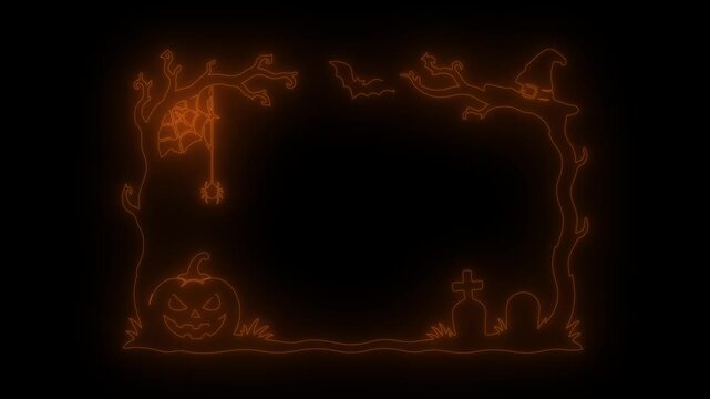 Glowing orange neon Halloween frame featuring a jack-o-lantern, spider and web, witch hat, bat and tombstones on a dark background, perfect spooky border for party invites or seasonal designs.