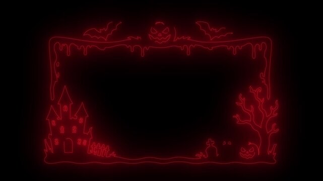 Animated of Neon Halloween Frame With Jack-O'-Lantern, Haunted Castle, Bats and Graveyard Border