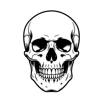 Black and white skull illustration, smiling face