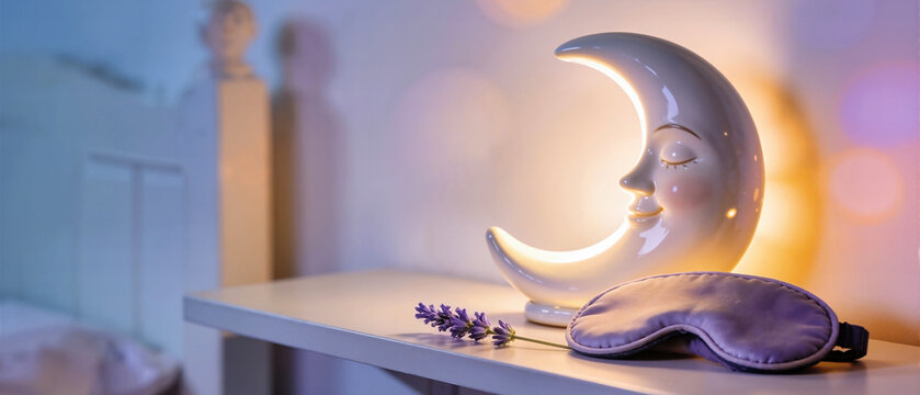 Ceramic crescent moon night light glowing on a bedside shelf. Purple sleep mask and lavender sprig on table. Sleeping concept with warm nightlight in bedroom