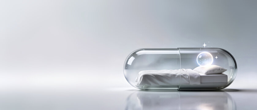 Transparent glass capsule containing a white bed with a glowing dream orb. Futuristic sleep aid, science fiction, and insomnia concept. Copy space for text