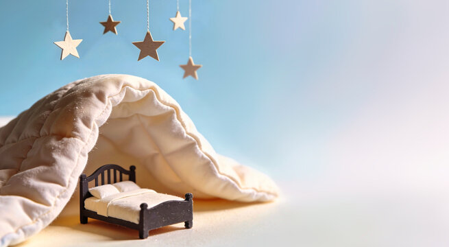 Miniature bed under large white quilted duvet with hanging wooden stars. Soft pale blue background. Bedtime, sleep, and cozy dream concept. Copy space for text
