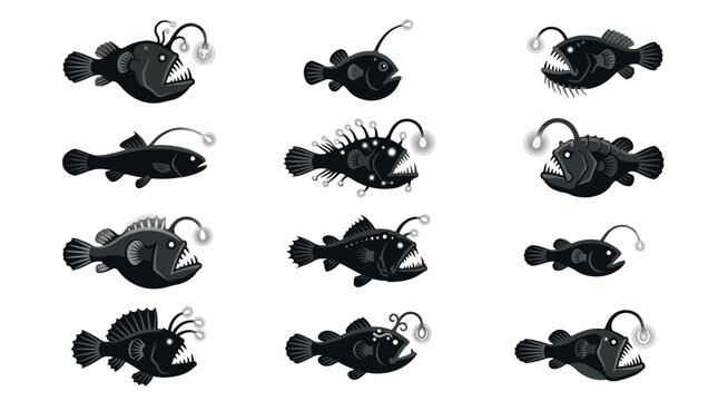 Deep sea anglerfish silhouette icons for aquatic gaming.