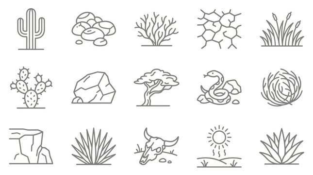 Desert flora and fauna outline icon collection.