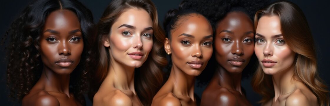 Five women portraits with diverse skin tones, hairstyles. Their faces show natural beauty, soft makeup, conveying confidence, elegance. They represent modern, diverse femininity in beauty standards.