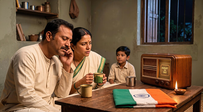 Indian family listening to a vintage radio with August 15 1947 on the dial. Husband, wife and son in a rustic room with a folded tricolor flag and lit oil lamp on a wooden table. Historic concept
