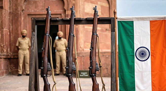 Ceremonial vintage bolt-action rifles on a wooden rack next to the Indian national flag, with soldiers in khaki uniforms and turbans standing at attention in the background on Independence Day