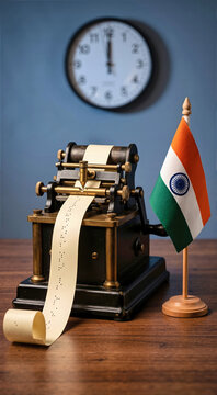 Vintage brass telegraph machine with a punched paper strip on a wooden table next to a miniature Indian flag. Wall clock showing midnight in the background for India Independence Day celebration