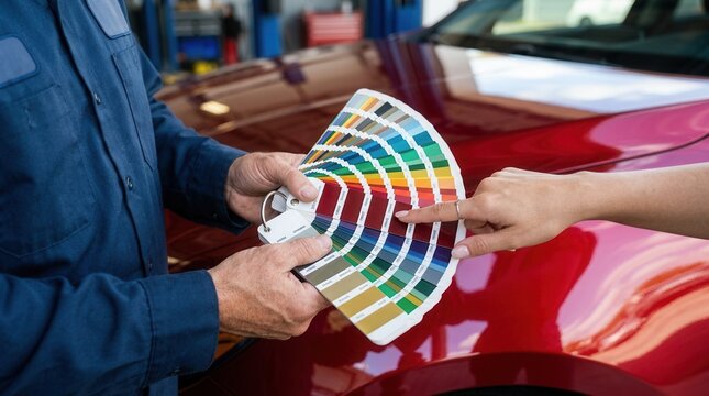 Professional auto painter presenting color swatch cards to a client near a red vehicle.