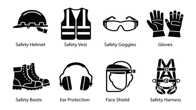 Construction safety equipment icons set. Solid black pictograms of personal protective equipment (PPE) including helmet, vest, goggles, gloves, boots, earmuffs, face shield, and harness.