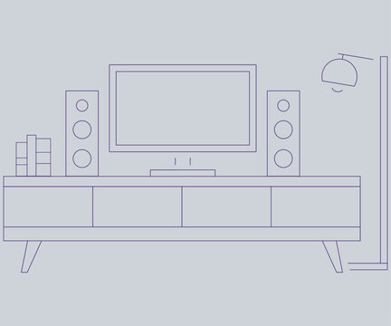 Modern living room TV stand interior design line vector illustration with television, sound speakers, books, and floor lamp hand drawn doodle sketch