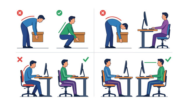 Illustration of Correct and Incorrect Postures for Lifting and Sitting