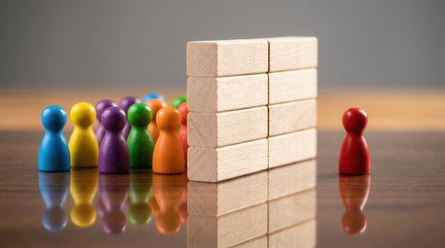 A red figurine stands alone on one side of wooden blocks while blue and other colored figurines are on the other side
