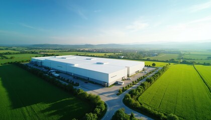 Fototapeta premium Modern warehouse complex. White roof large industrial building. Green fields surround data center. Blue sky clear day. Rural landscape wide shot.