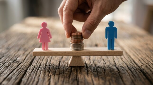 Gender equality concept with pink female and blue male figures on a balanced seesaw