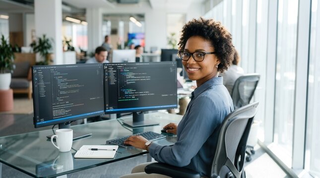 Programmer coding classes featuring a happy woman developer in a modern office.