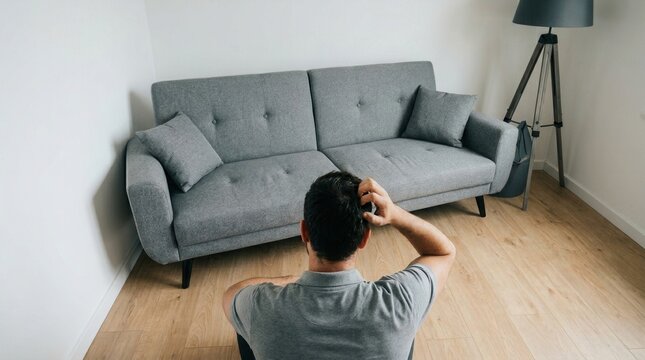 Frustrated man contemplating interior design mistakes regarding lack of space.