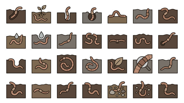 Earthworms burrowing in soil underground cross-sections.