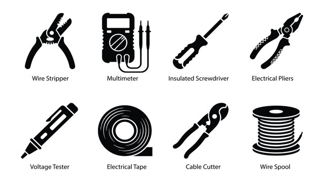 Professional electrician repair service tools silhouette icons pack. 8 isolated black vector signs of electrical maintenance hardware equipment on white background.